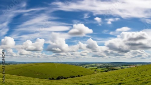 Rolling Green Hills and Fluffy White Clouds Under a Bright Blue Sky