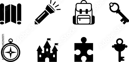 Adventure travel icons set map compass backpack flashlight castle key puzzle journey equipment vector 100 editable stock vector illustration
