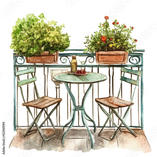 Balcony Table, watercolor clipart vector, high quality, isolated on a white background.