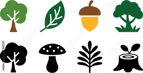Vector icons of trees leaves acorn mushroom and stump illustration for nature and forest design 100 editable stock vector illustration