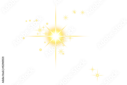 Bright Golden Starburst with Light Rays and Sparkling stars isolated on a transparent background