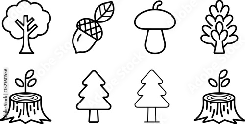 Nature icons vector set of tree acorn mushroom stump seedling forest plant drawing design illustration 100 editable stock vector illustration