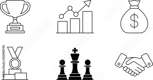 Business success strategy achievement finance investment growth teamwork leadership icons vector design editable stock vector illustration