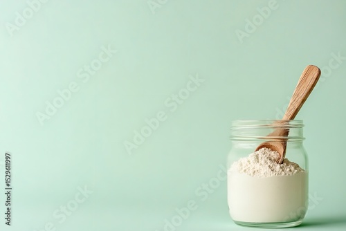 A wood spoon and glass jar of coffee whitener creamer powder over pale green setting depict coffee lover tasty treat delish food, Generative AI.