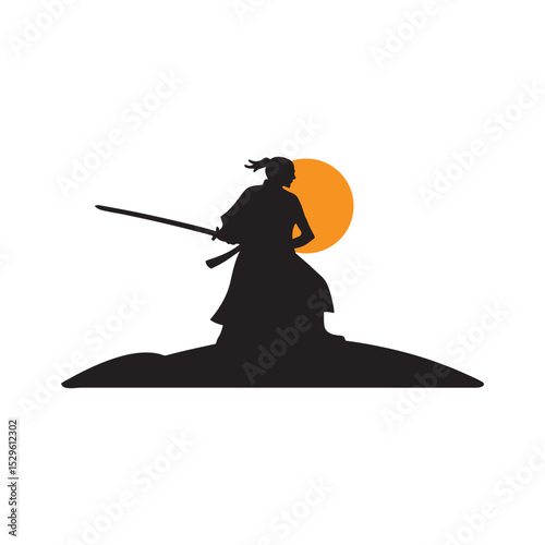 Lone Samurai Silhouette with Katana at Sunset Vector Illustration on White Background