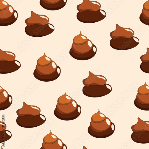 Seamless pattern with kawaii poop on color background. Cartoon poo, feces icons. Shit patterns, evil turd. Vector illustration for invitation, poster, card, fabric, textile. Doodle style.