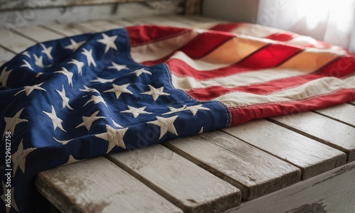 Folded american flag on rustic wooden table patriotism symbol