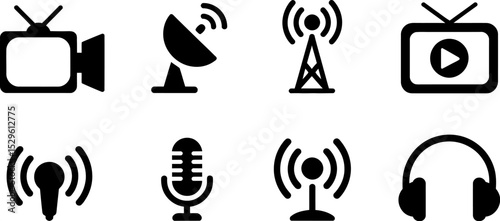 Media communication icons set television antenna satellite microphone broadcast headphones vector design 1 editable stock vector illustration