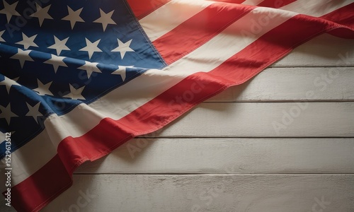 American flag draped on white wood patriotic background