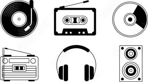 Retro music collection vinyl cassette cd player radio headphones speaker illustration vector art design editable stock vector illustration photo
