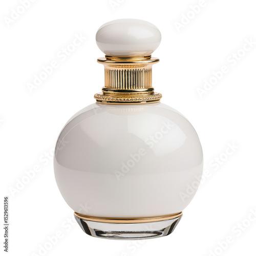 Elegant perfume bottle with gold accents and a white stopper. The bottle has a round shape and a sophisticated design. It exudes luxury and beauty