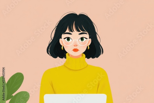Young woman with short black hair wearing glasses and a yellow sweater using a laptop in a minimalistic workspace with green plant and pastel background