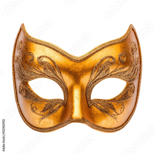 Elegant golden Venetian mask with intricate details. Perfect for masquerade, carnival, or theatre.  