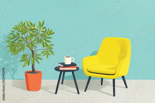 Cozy Modern Living Space with Yellow Armchair, Potted Plant, Coffee Cup, and Minimalist Decor Against a Bright Teal Wall