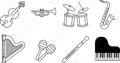 Illustration of musical instruments violin trumpet drums saxophone harp maracas flute piano music art 100 editable stock vector illustration