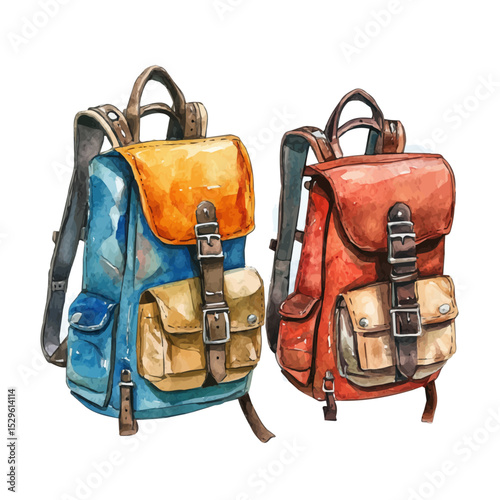 Backpacks, watercolor vector, high quality, isolated on a white background.