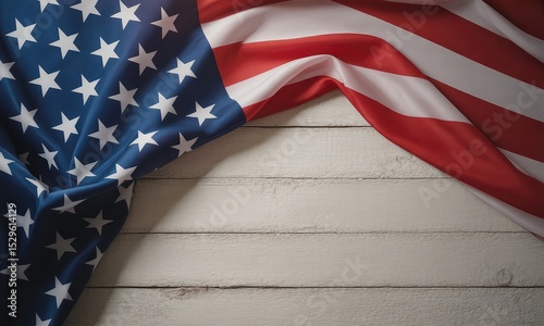 American flag draped on white wood background patriotic image