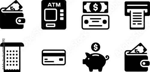 Financial icons vector set atm money wallet credit card piggy bank savings finance banking cash 100 characters editable stock vector illustration
