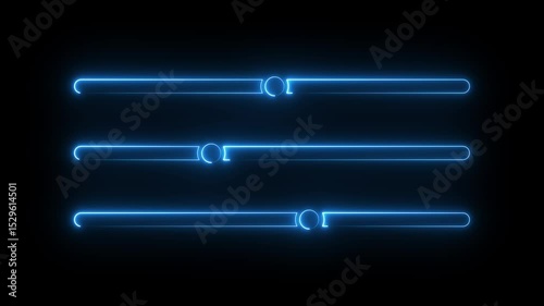 Futuristic neon slider bars with glowing circular knobs, user interface controls, volume and brightness bars, dark background, UI elements for web, game, app development