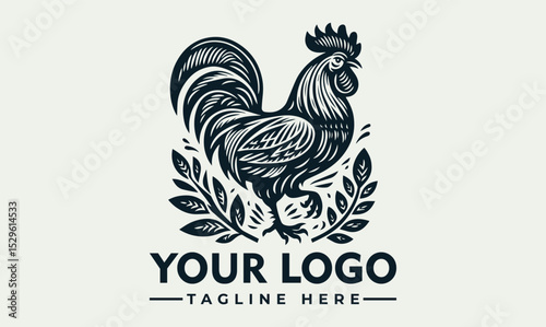 Rooster standing upright with detailed feather texture and large tail in bold monochrome illustration style. Animal concept
