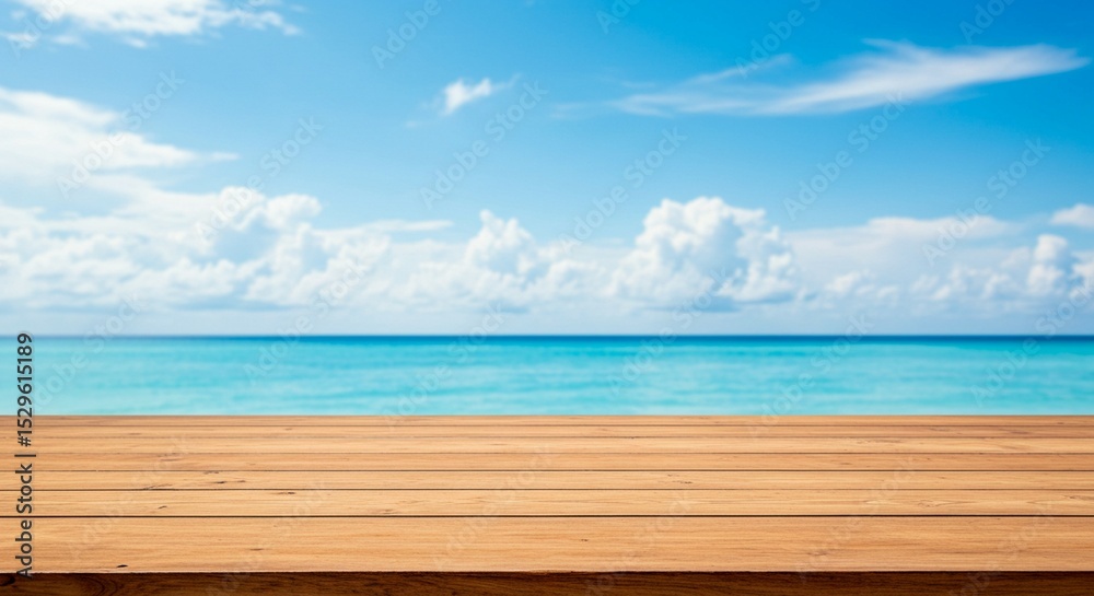 Fototapeta premium Wooden Table on Tropical Beach with Azure Sea and Cloudy Blue Sky