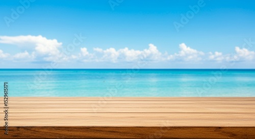 Empty Wood Table on Tranquil Turquoise Ocean Water Background