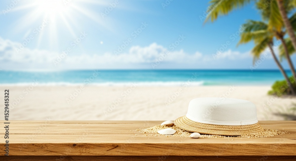 Obraz premium Summer Straw Hat on Wooden Table with Beach and Sea Background