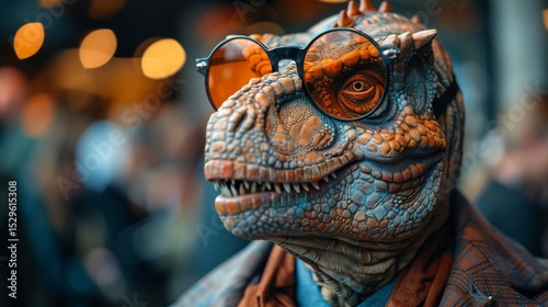 Fototapeta Naklejka Na Ścianę i Meble -  A stylish dinosaur wearing round glasses and a fashionable outfit presents a humorous blend of fantasy and style, sparking imagination and creativity in a modern context.
