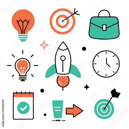 startup set of vector doodle icon on transparent background	
