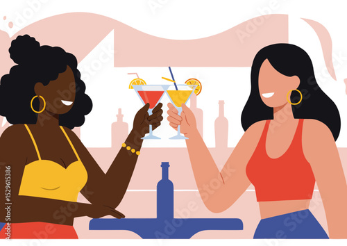 Two friends toasting with colorful cocktails in a lively bar setting