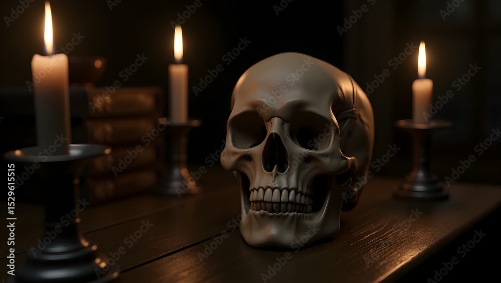 Human skull with burning candles and old books Human skull with burning candles and old books