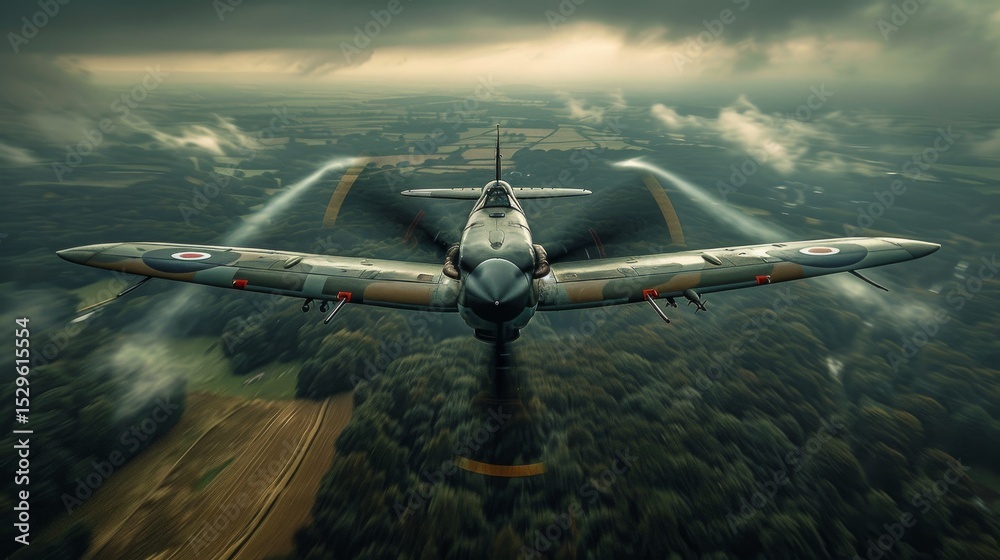 Naklejka premium An aerial view of a vintage fighter plane cutting through moody clouds, capturing the essence of aviation history and the thrill of flight in an intense setting.