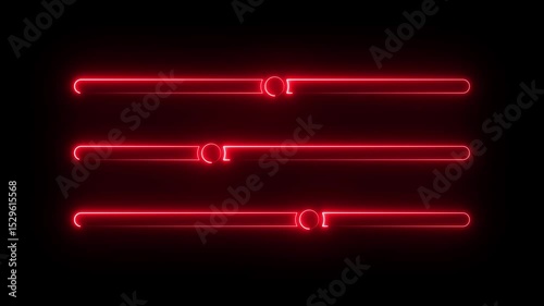 Futuristic neon slider bars with glowing circular knobs, user interface controls, volume and brightness bars, dark background, UI elements for web, game, app development