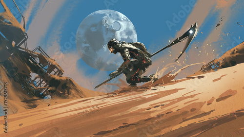 A high-tech armored warrior wields a glowing scythe while moving through a windswept desert filled with ruined structures and a massive moon overhead, digital art style, illustration painting