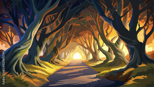 Enchanting view of The Dark Hedges in Northern Ireland at sunset, with ancient twisted beech trees forming a mysterious natural tunnel