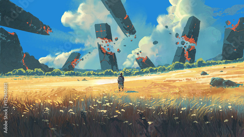 A traveler stands in a wide yellow grassland staring at massive dark monoliths breaking apart and levitating under a bright blue sky, digital art style, illustration painting