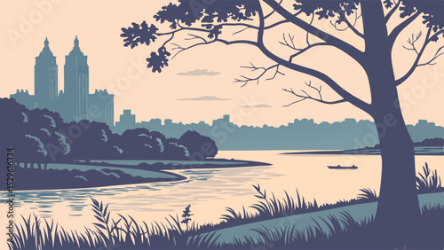 Serene Cityscape River, Trees, and Urban Skyline at Dawn