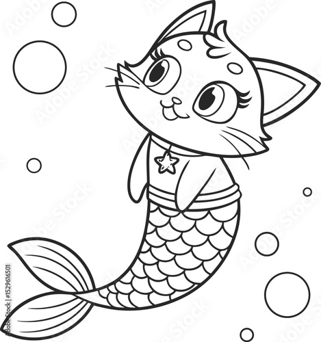 Cute cat mermaid coloring page illustration