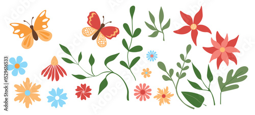 Wallpaper Mural Floral set hand drawn color flowers, leaves, plants. Spring and summer cute isolated elements. Clip art for stationery, web design. Modern floral compositions. Vector illustration. Torontodigital.ca