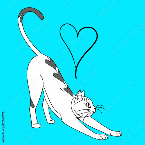 A stretching cat with a heart tail.