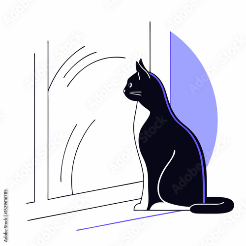 A silhouette of a cat with its ears perked up, sitting attentively on a white background.