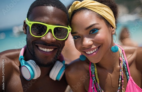 A beautiful woman wearing neon green sunglasses and a pink dress is sitting on the beach next to her boyfriend