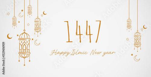 Islamic New Year Poster Design with Hour Hand at 1447 in Hijri Isolated in Green Background. Happy Muharram Media Social Post.Ashura Day Vector Illustration