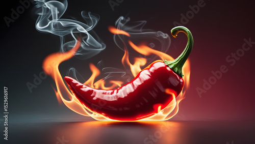 Fiery Chili Pepper: A single, vibrant red chili pepper engulfed in flames and swirling smoke, set against a dark, gradient background, depicting heat and spiciness.
