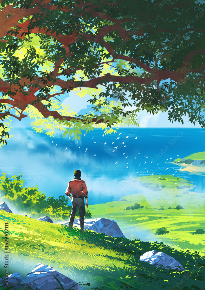 Obraz premium A man in a red jacket stands beneath a large tree on a sunlit hilltop, gazing out over a bright blue ocean and lush green coastal landscape, digital art style, illustration painting