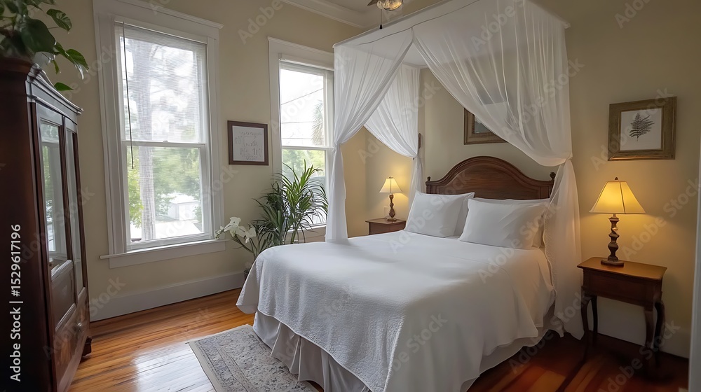 Fototapeta premium Elegant bedroom with a canopy bed and warm lighting showcasing comfort and style