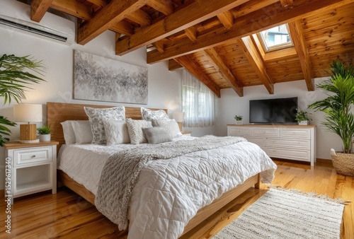 the interior bedroom in an electrician's house, featuring wooden floorboards and white walls with a sloping roof made from light wood.