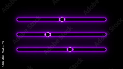 Futuristic neon slider bars with glowing circular knobs, user interface controls, volume and brightness bars, dark background, UI elements for web, game, app development