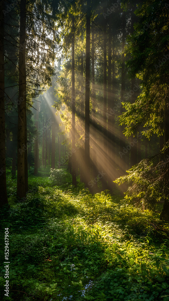 Fototapeta premium Morning Sunlight Streaming Through Enchanted Forest