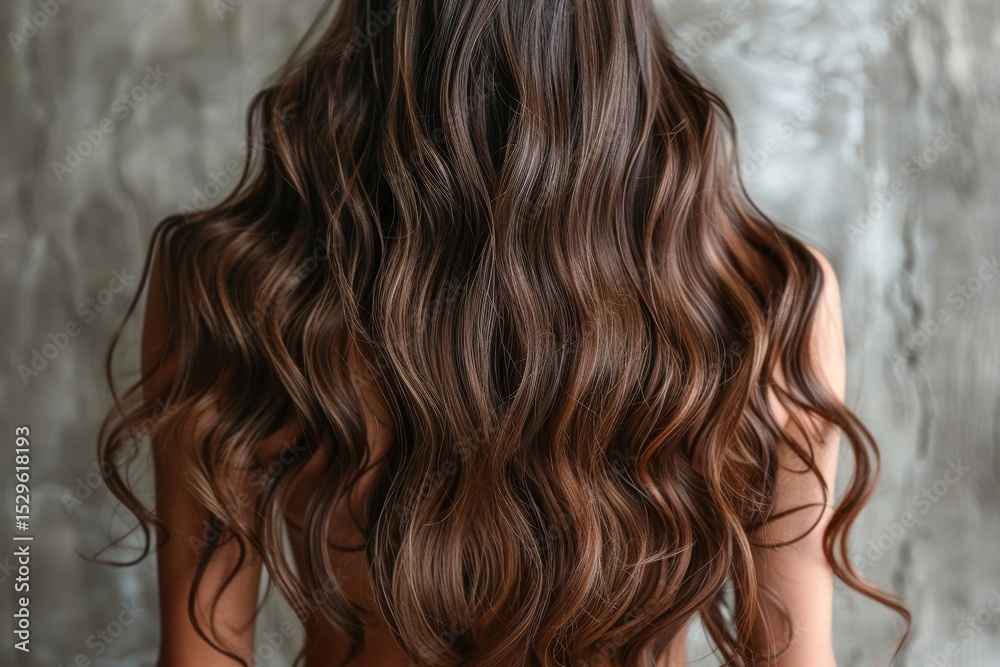 Naklejka premium A captivating view of long, luscious hair cascading down a person's back, reflecting beauty and elegance against a softly textured background, evoking graceful femininity.